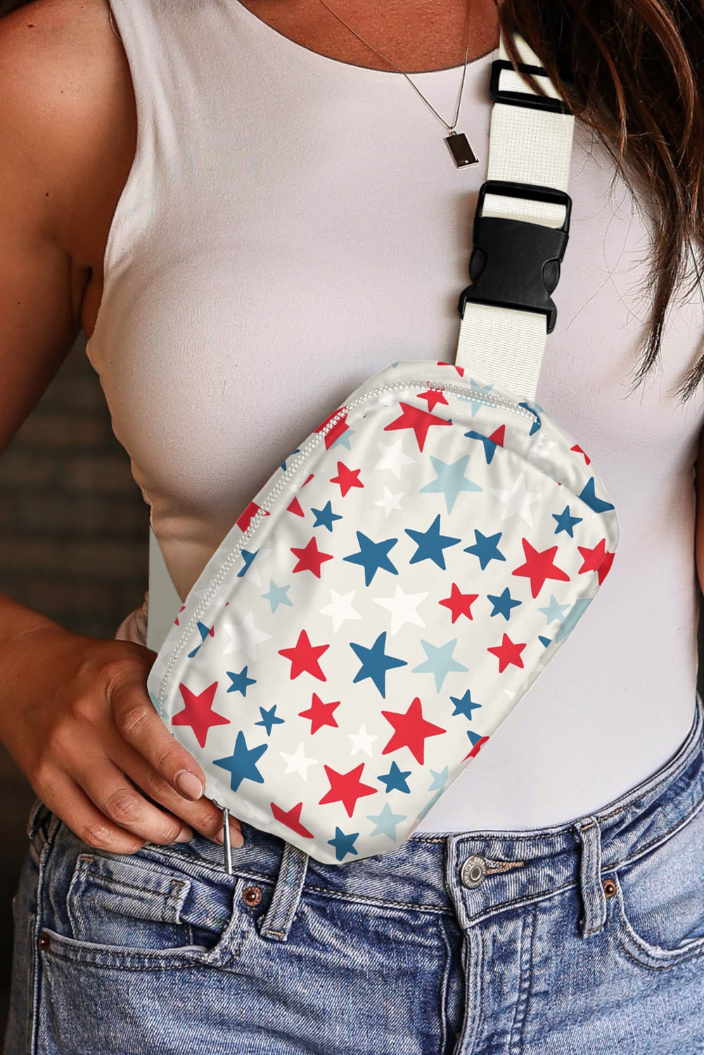 White Star Printed Buckle Strap Flag Day Crossbody Bag - Image 5
