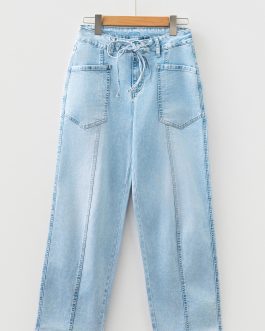 Myosotis Exposed Stitch Detail Drawstring Barrel Jeans