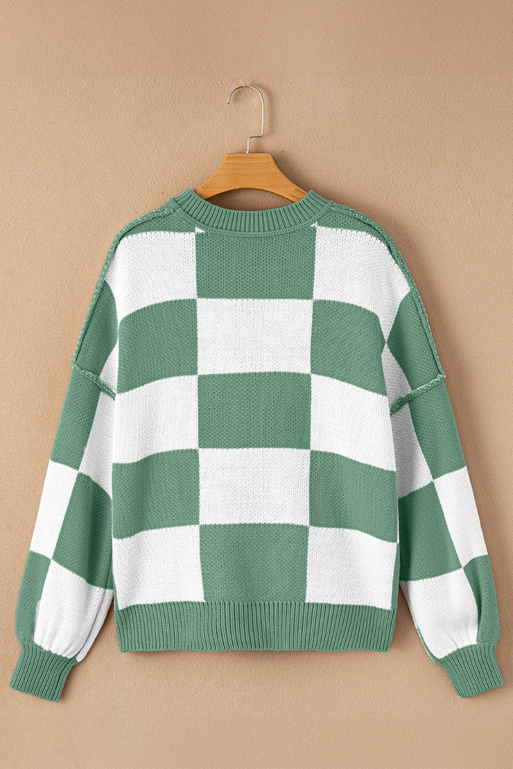 Green Checkered Bishop Sleeve Sweater - Image 5