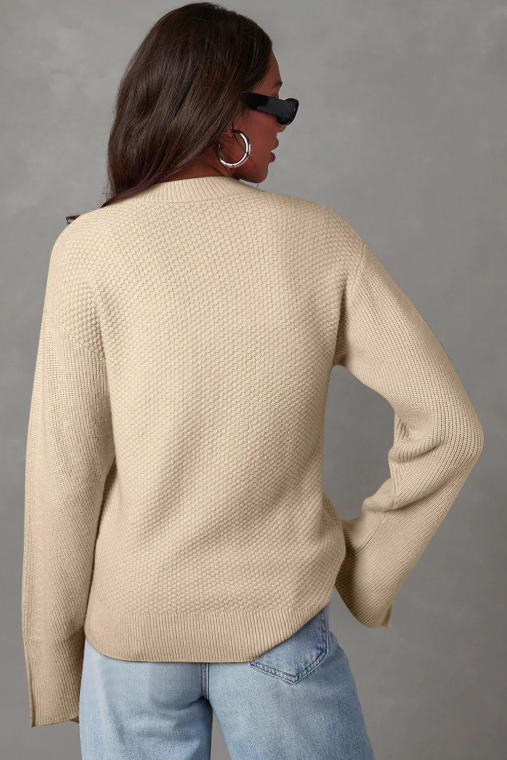 Parchment Solid Textured Knit Split Cuff Drop Shoulder Loose Sweater - Image 3