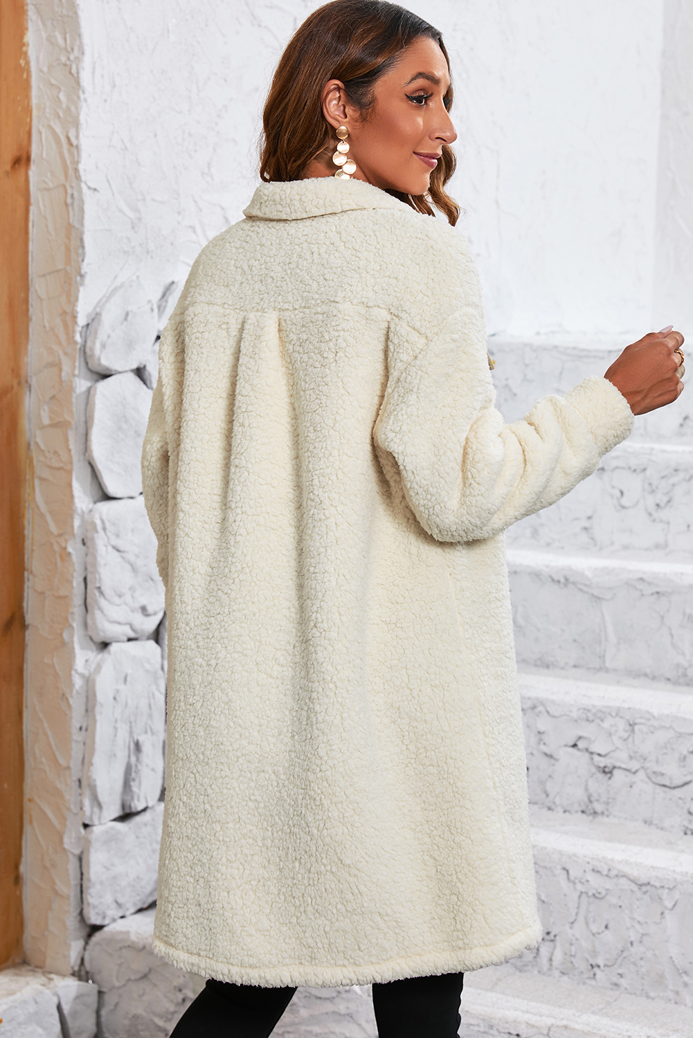 Beige Contrast Flap Pocket Single Breasted Teddy Coat - Image 7