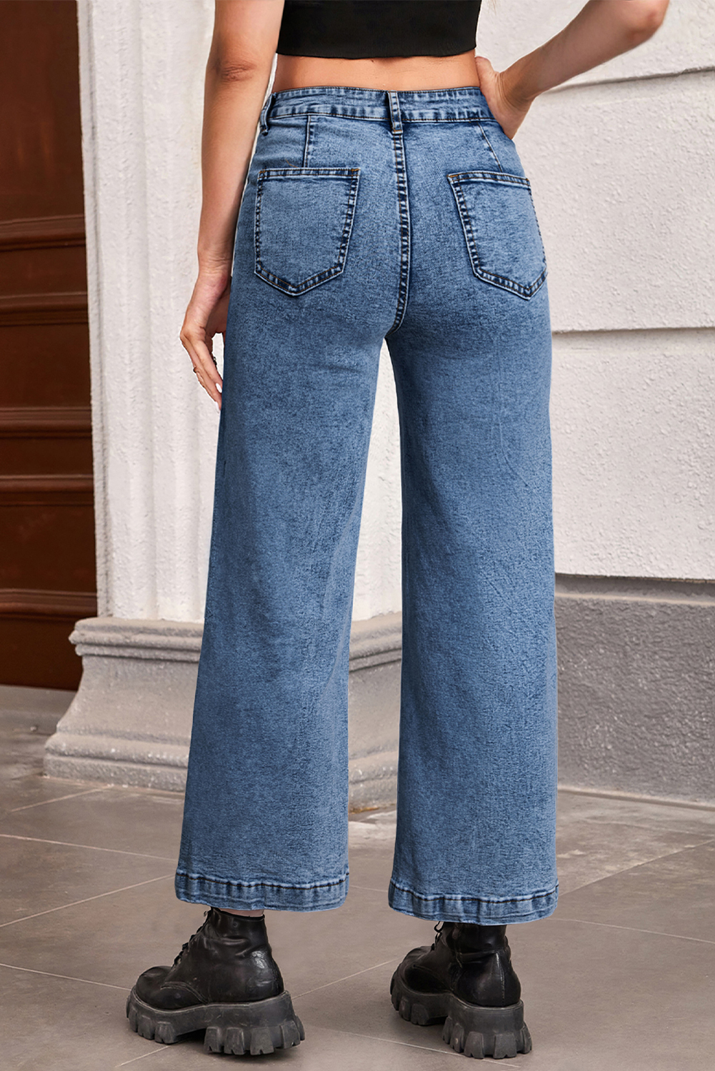 Sky Blue Chic Patch Pocket Straight Leg Loose Jeans - Image 6