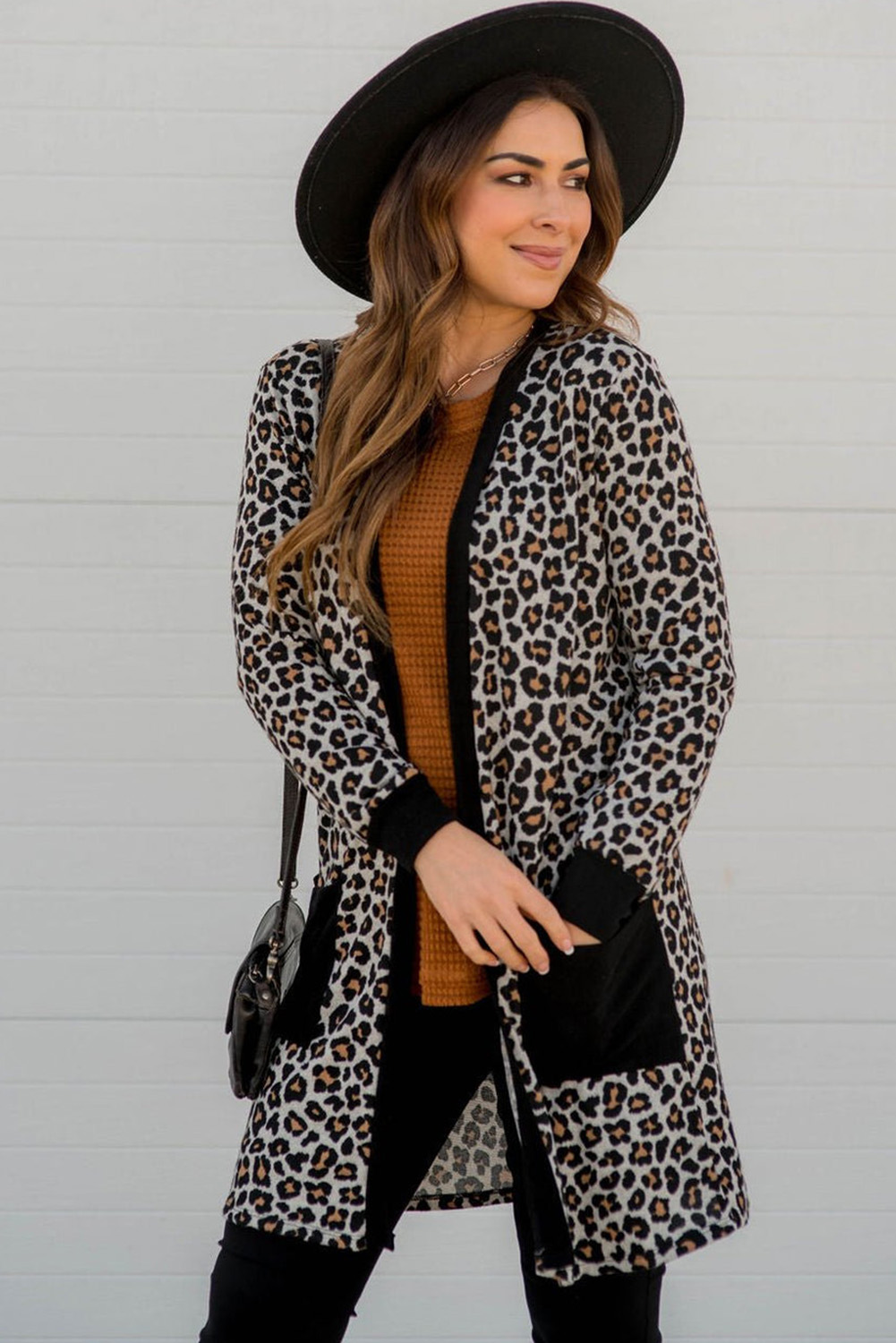 Black Leopard Patched Pocket Open Front Cardigan - Image 5