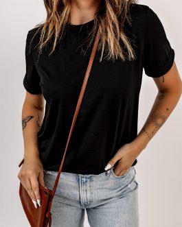 Black Solid Color Crew Neck Tee