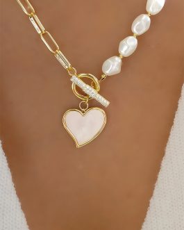 Gold Heart Shape Pendant Rhinestone Decor Pearl Chain Necklace