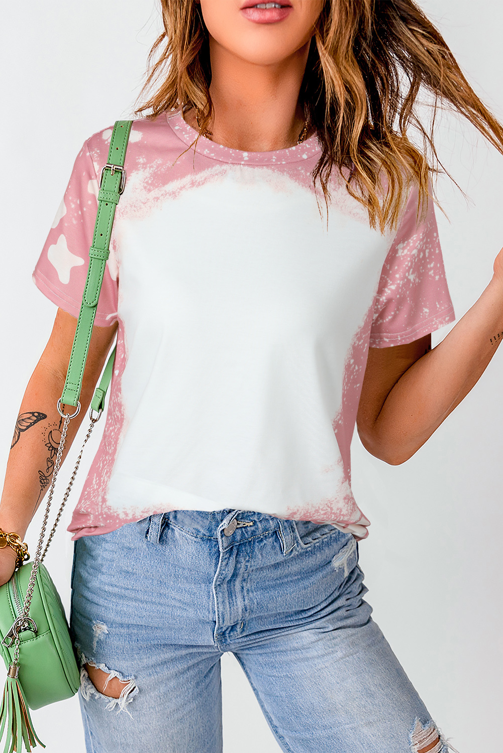 Pink Tie Dye Color Bleached Short Sleeve T Shirt - Image 7
