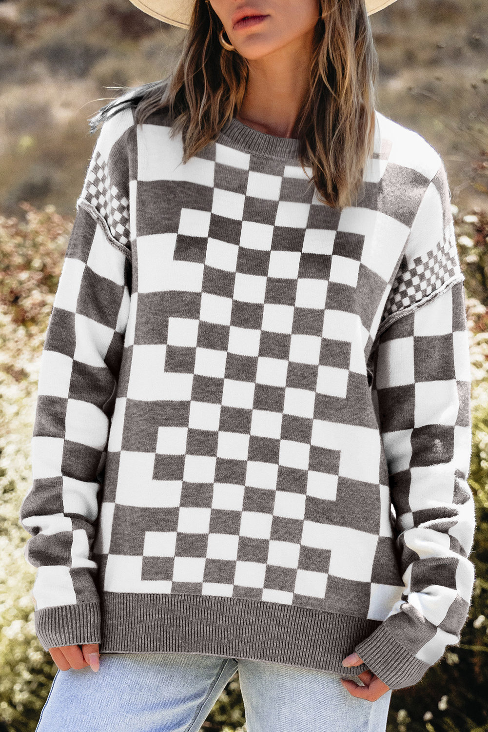 Gray Checkered Print Drop Shoulder Round Neck Sweater - Image 4