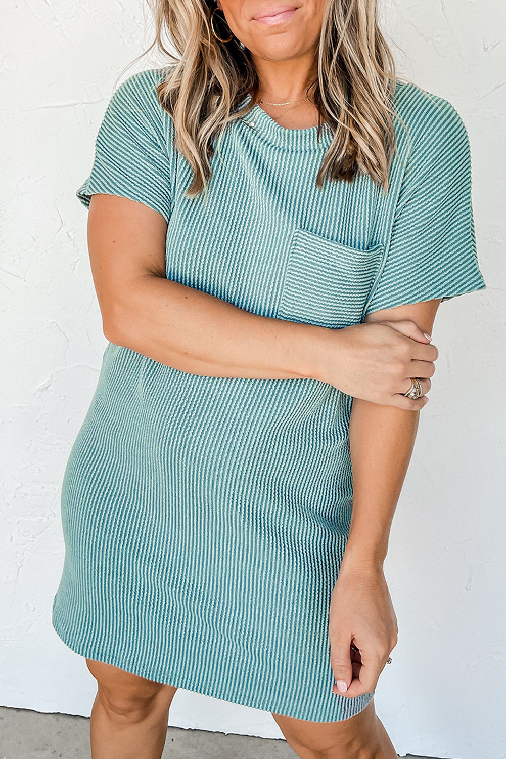 Blue Striped Ribbed Knit T-shirt Shift Dress - Image 4