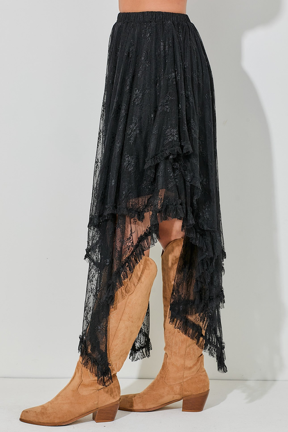 Black Lace Cascading Tiered High Waist Maxi Skirt - Image 5