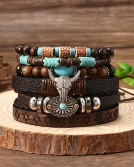 Chestnut 6 Piece Western Bull Skull Turquoise Beading Bracelet