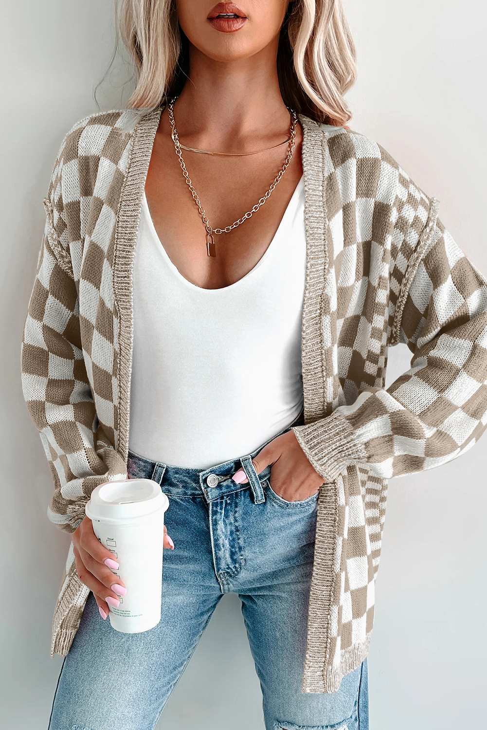 Brown Checkered Open Front Drop Shoulder Cardigan - Image 5