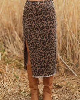 Brown Leopard Denim Frayed Split Denim Midi Skirt
