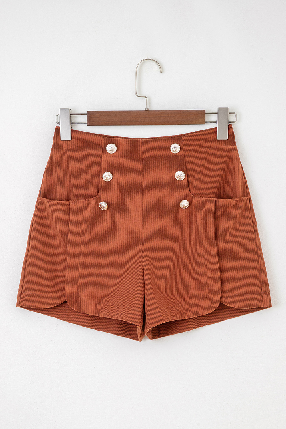 Clay Button Decor Scalloped Edge High Waist Corduroy Shorts - Image 3