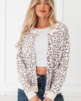 Khaki Leopard Drop Shoulder Chunky Knitted Cardigan Sweater