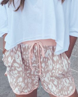 Khaki Classic Leopard Arched Hem Elastic Waistband Casual Shorts