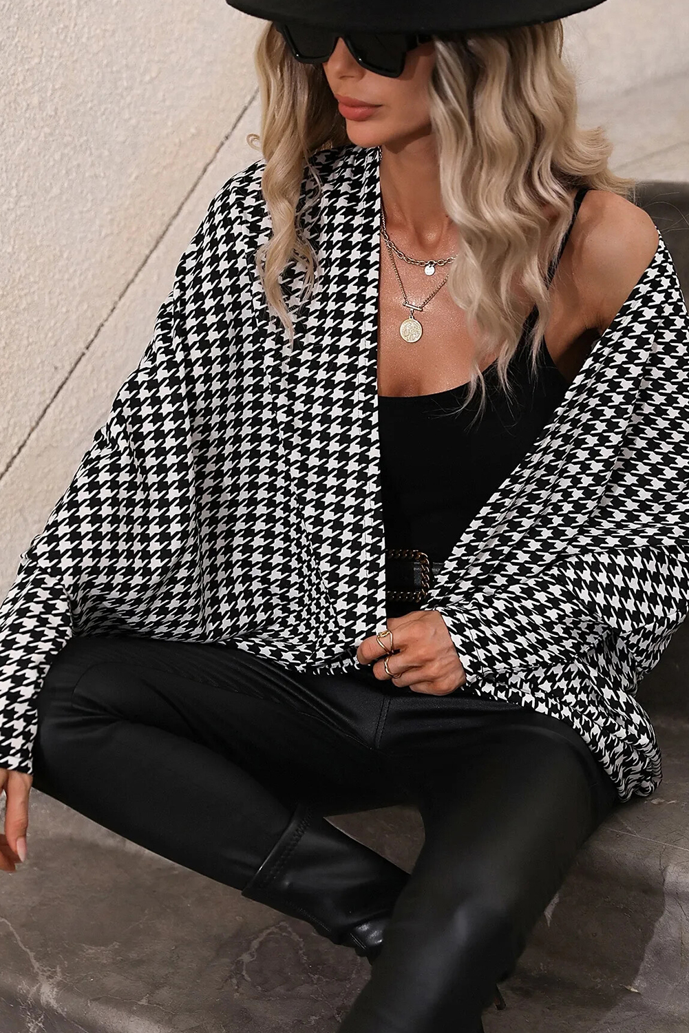 Black Houndstooth Print Open Front Long Dolman Kimonos - Image 3