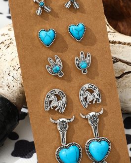 Silvery 6 Pairs Western Turquoise Alloy Stud Earrings