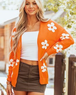 Orange Floral Print Knitted Open Front Loose Cardigan