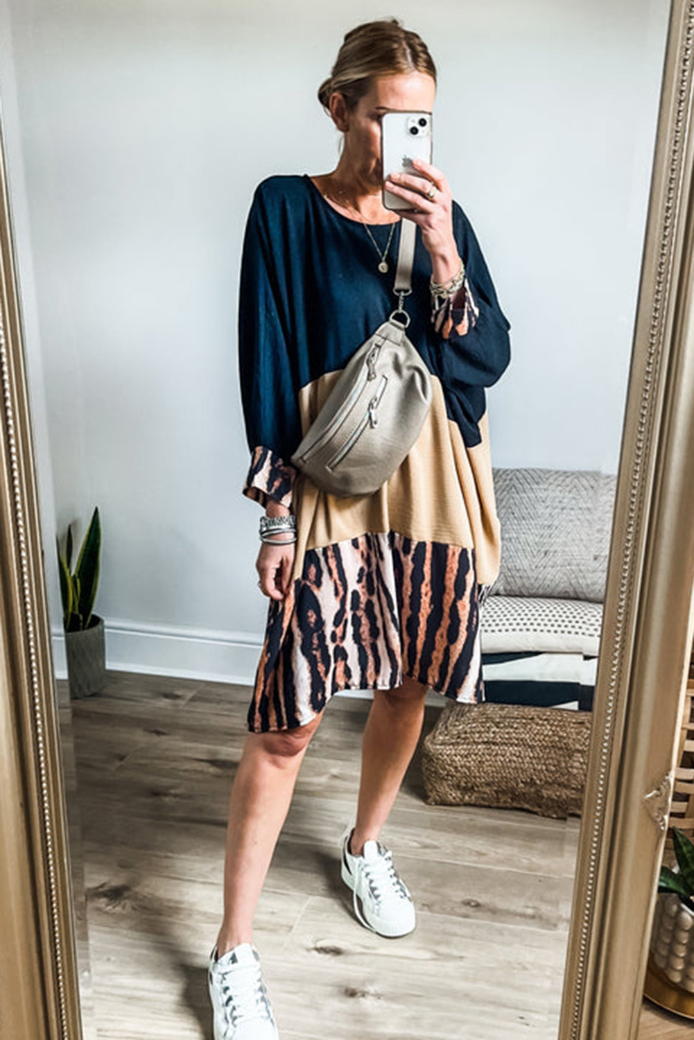 Khaki Printed Tiger Stripe Colorblock Bishop Sleeve Mini Dress - Image 2