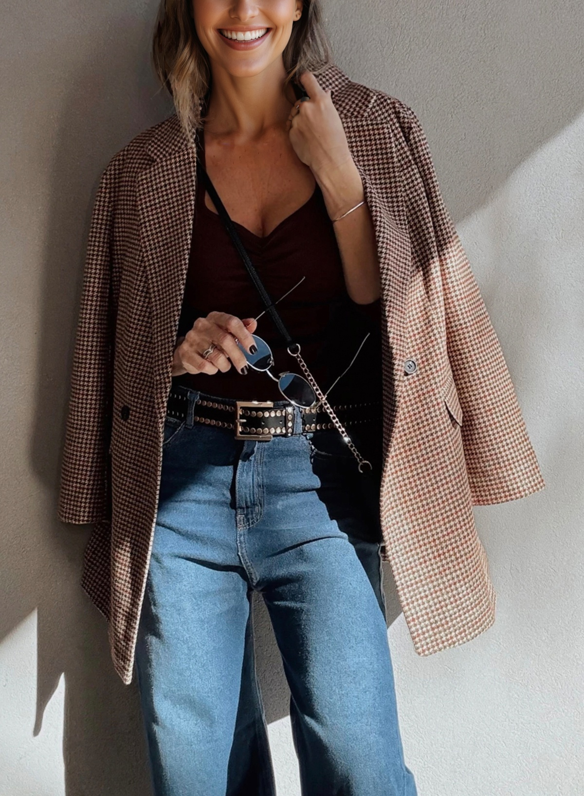 Brown Houndstooth Lapel Collar Blazer - Image 4