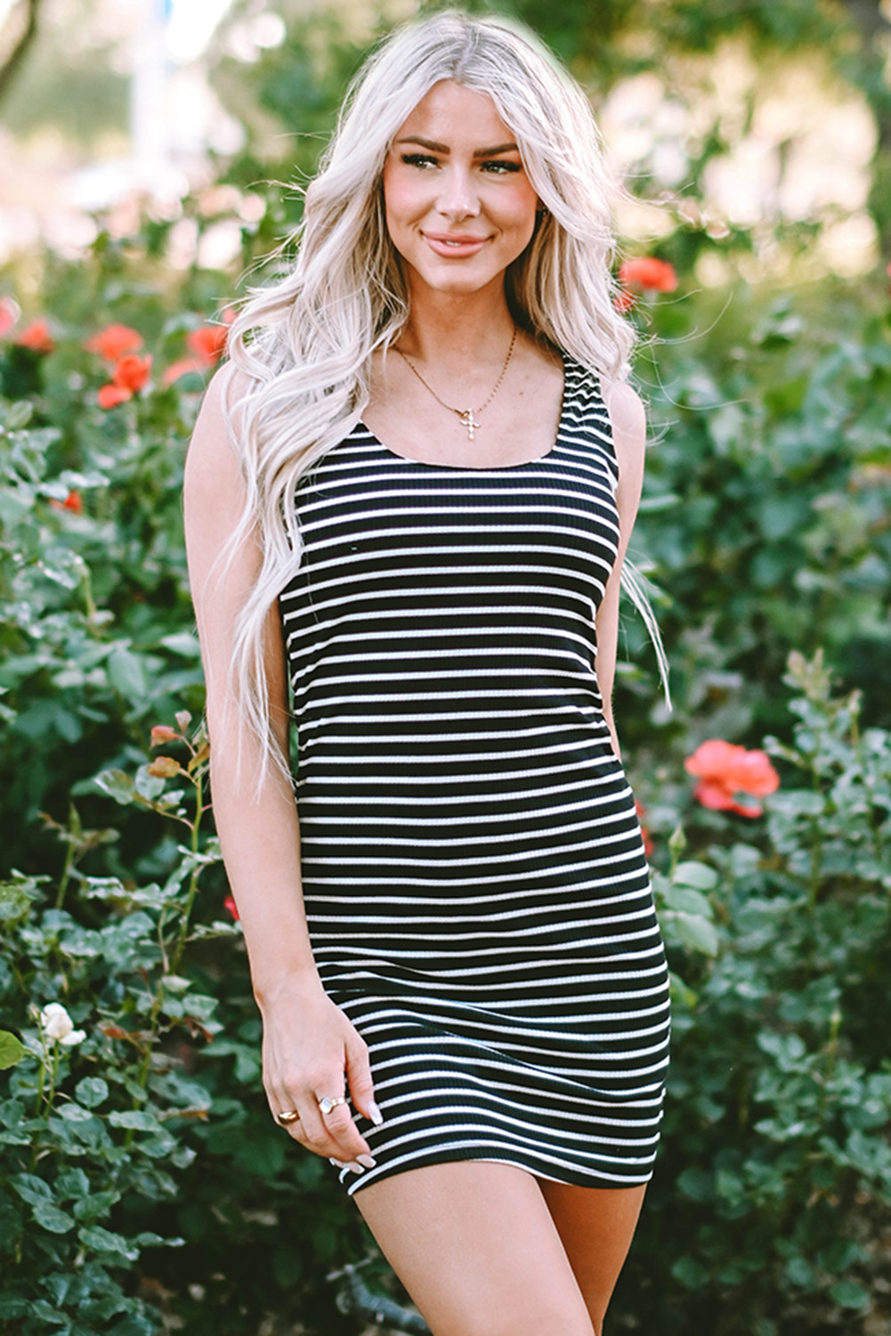 Black Stripe Ribbed Knit Sleeveless Mini Dress - Image 3