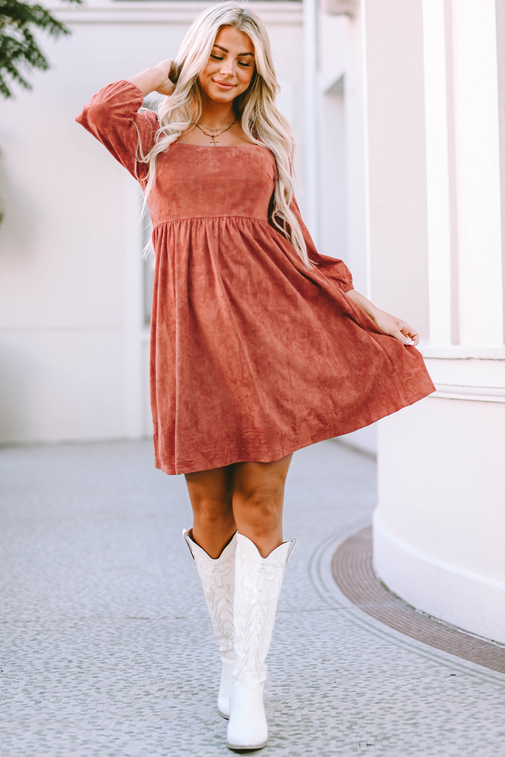 Brown Suede Square Neck Puff Sleeve Dress - Image 4
