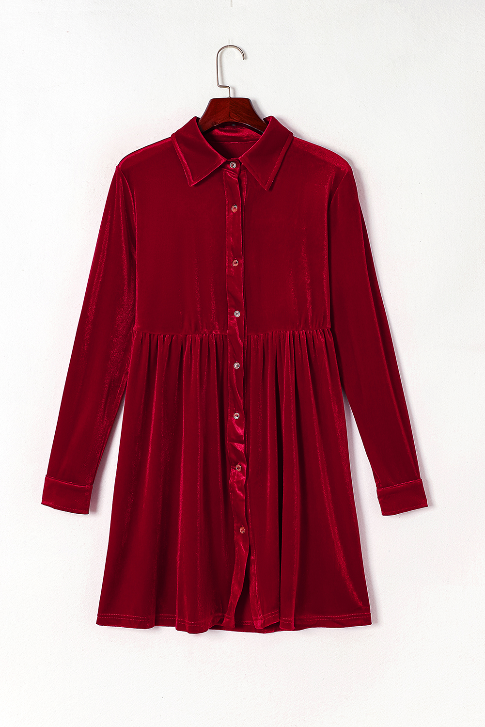 Fiery Red Long Sleeve Ruffle Velvet Button Up Dress - Image 5