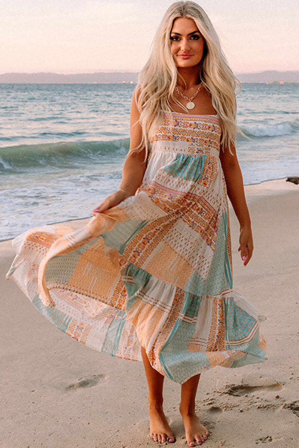 Multicolor Boho Patchwork Print Square Neck Sundress - Image 3