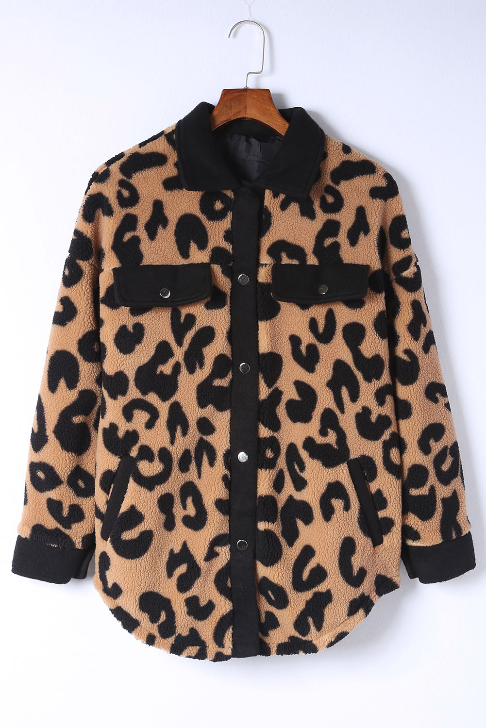Black Contrast Trimmed Leopard Teddy Shacket - Image 6