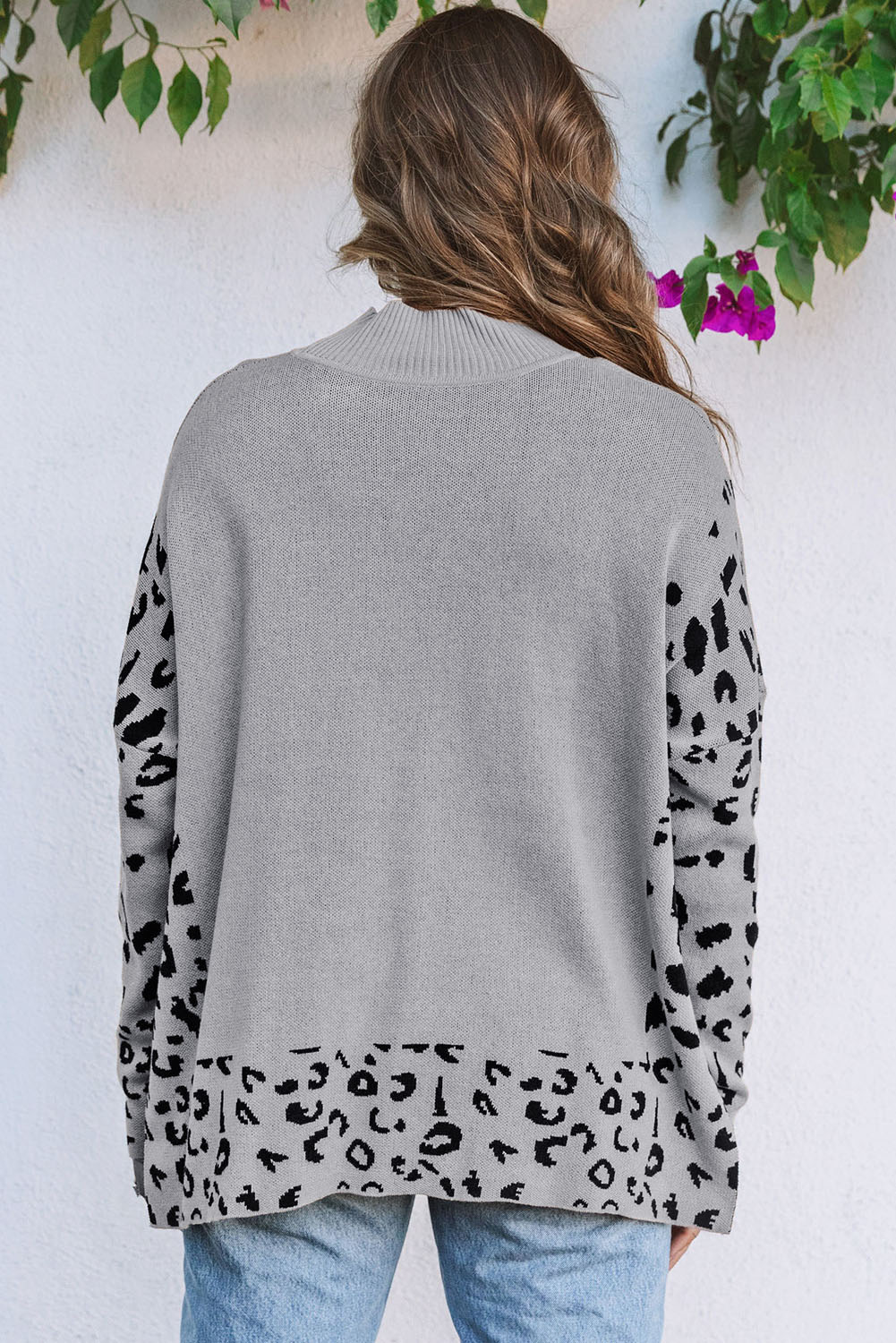 Gray Leopard High Neck Side Slit Oversized Sweater - Image 2