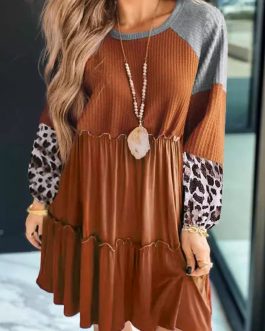 Brown Waffle Knit Leopard Patchwork Long Sleeve Dress
