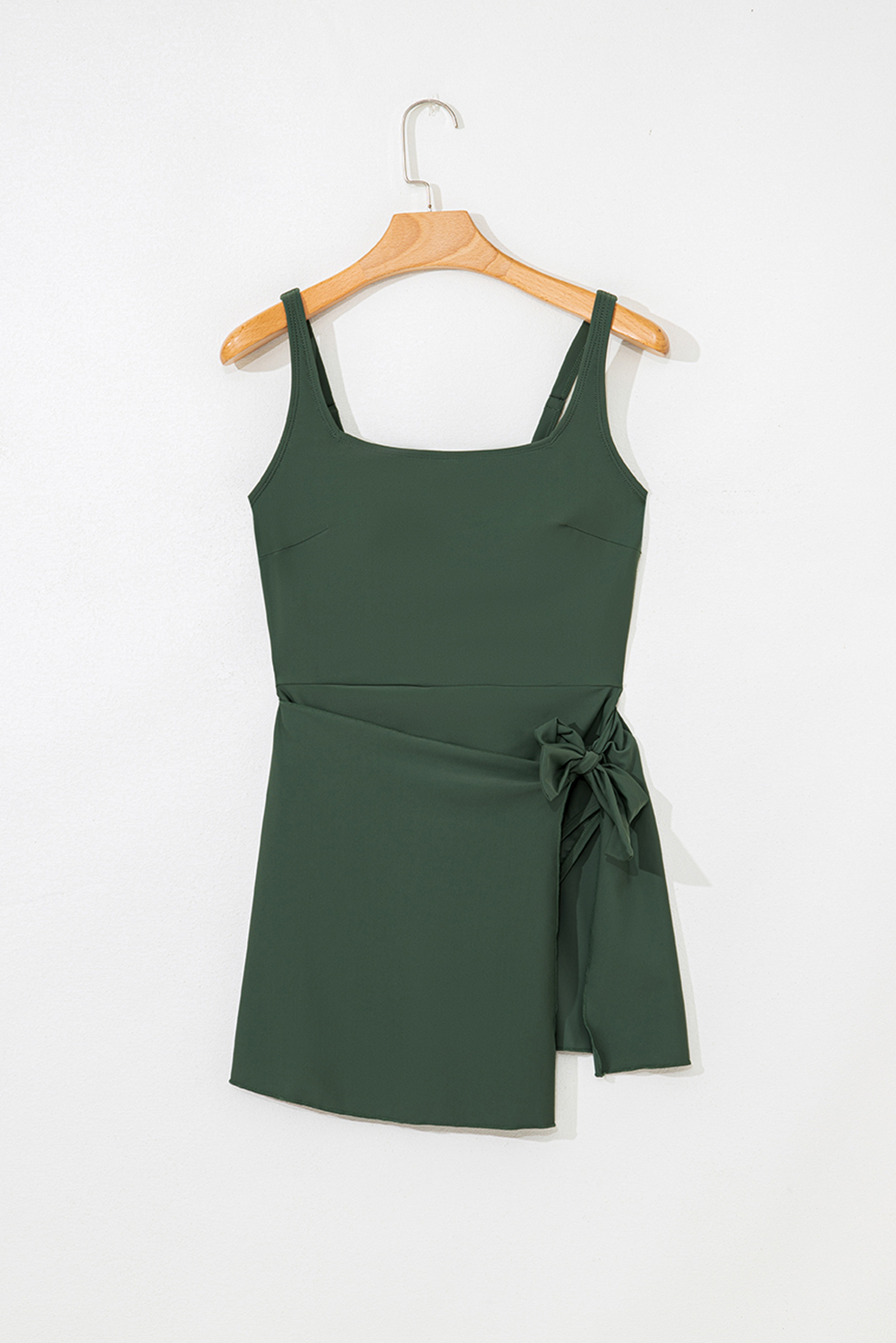 Mist Green Side Tied Waist Square Neck Adjustable Straps A-line One Piece Swim Dress - Image 6