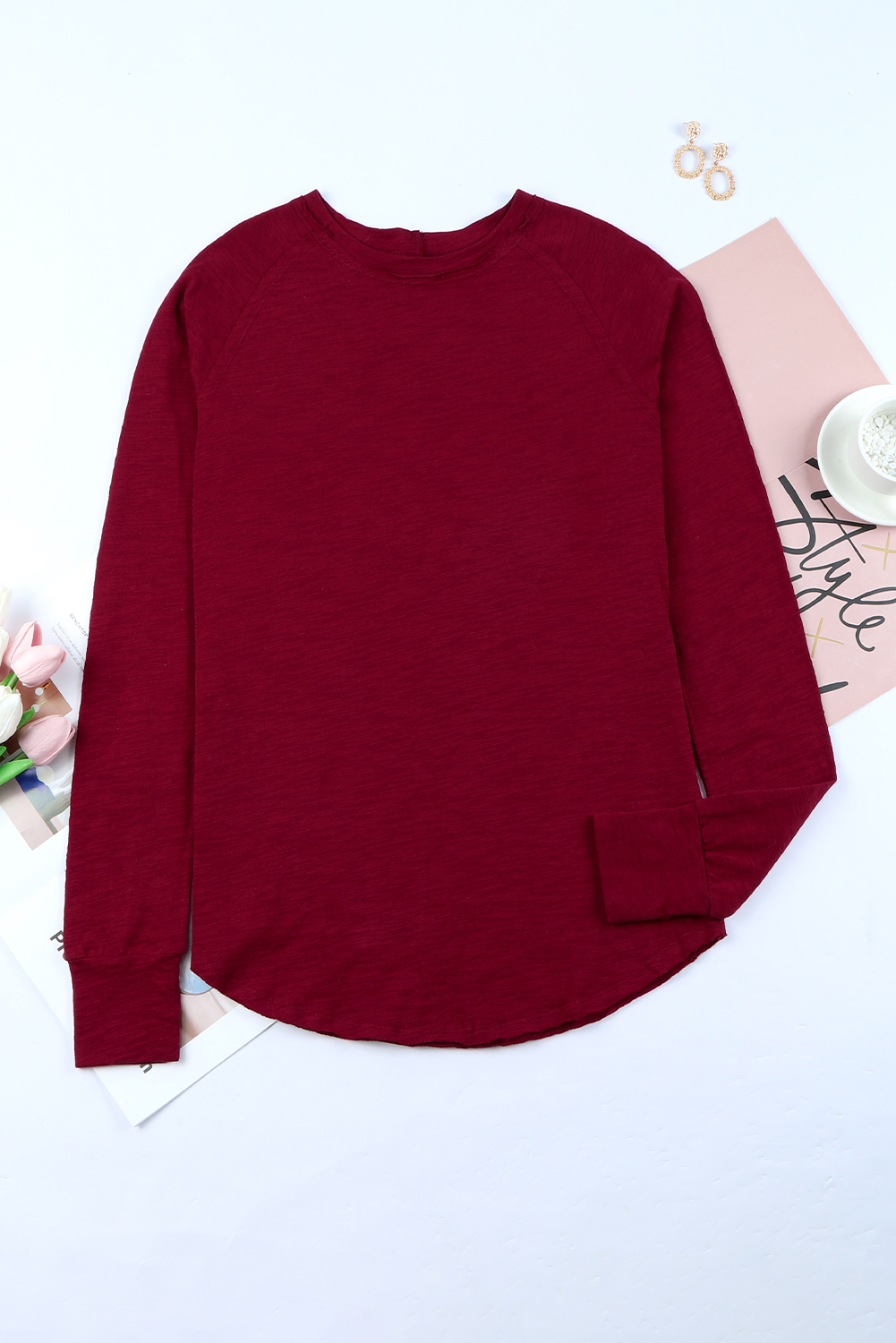 Fiery Red Solid Crew Neck Long Sleeve Top - Image 6
