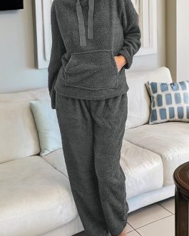 Medium Grey Fuzzy Drawstring Hoodie Lounge Pants 2pcs Set