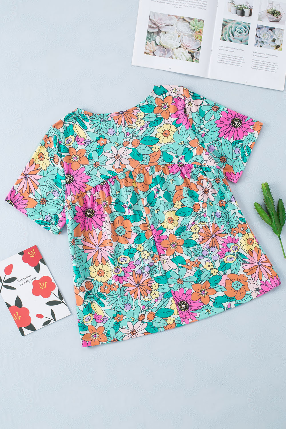 Multicolor Floral Print Short Sleeve Babydoll Blouse - Image 6