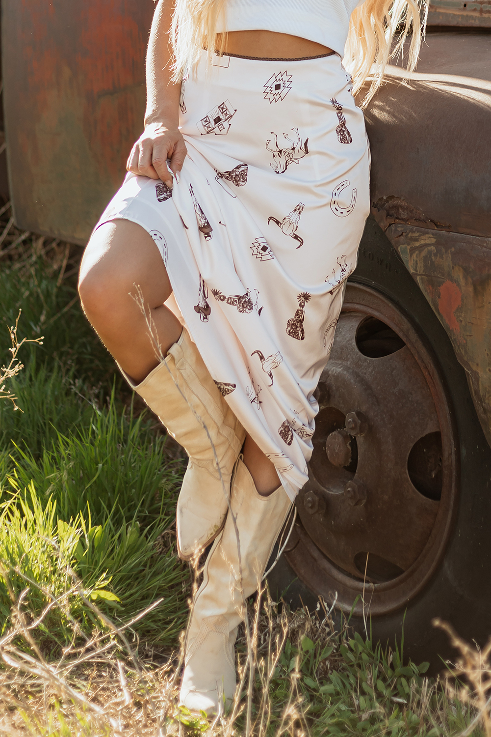 Beige Western Print Satin Long Skirt - Image 5