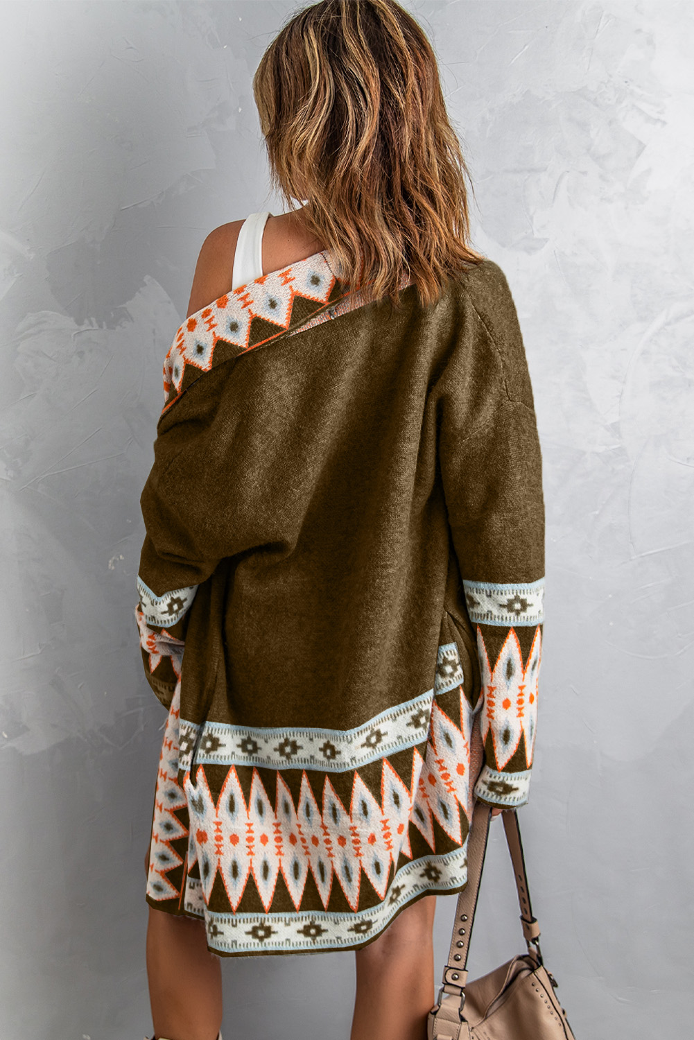 Brown Aztec Print Open Front Knitted Cardigan - Image 2