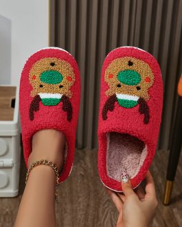 Fiery Red Christmas Reindeer Pattern Thick Sole Plush Slippers