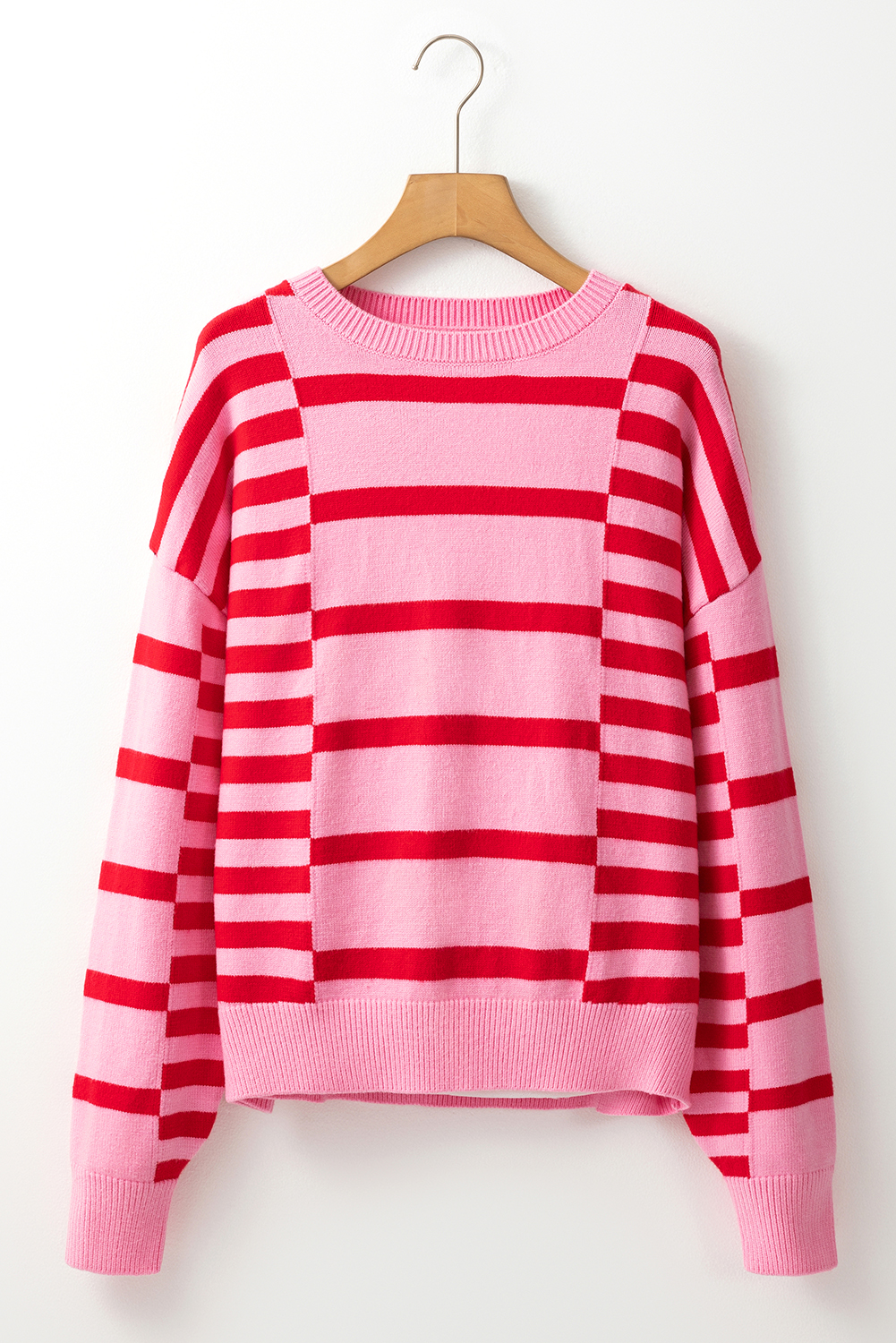 Pink Stripe Bubble Sleeve Drop Shoulder Ribbed Trim Sweater - Image 6