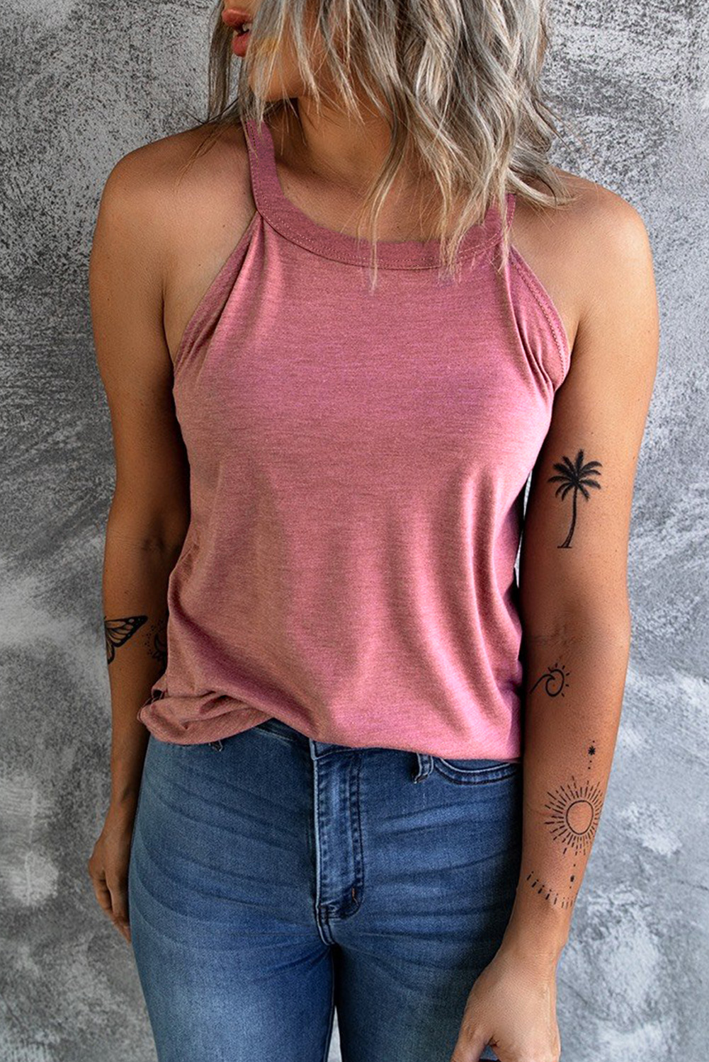 Pink Solid Color Crew Neck Tank Top - Image 3