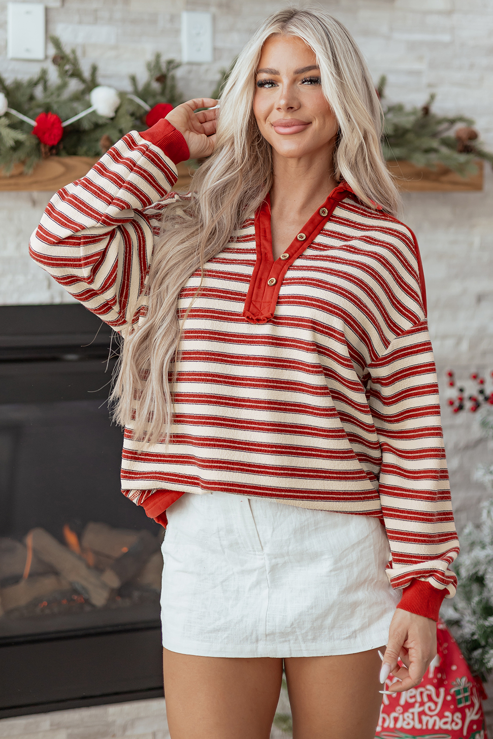 Red Stripe Buttoned V Neck Collared Drop Shoulder Top - Image 4