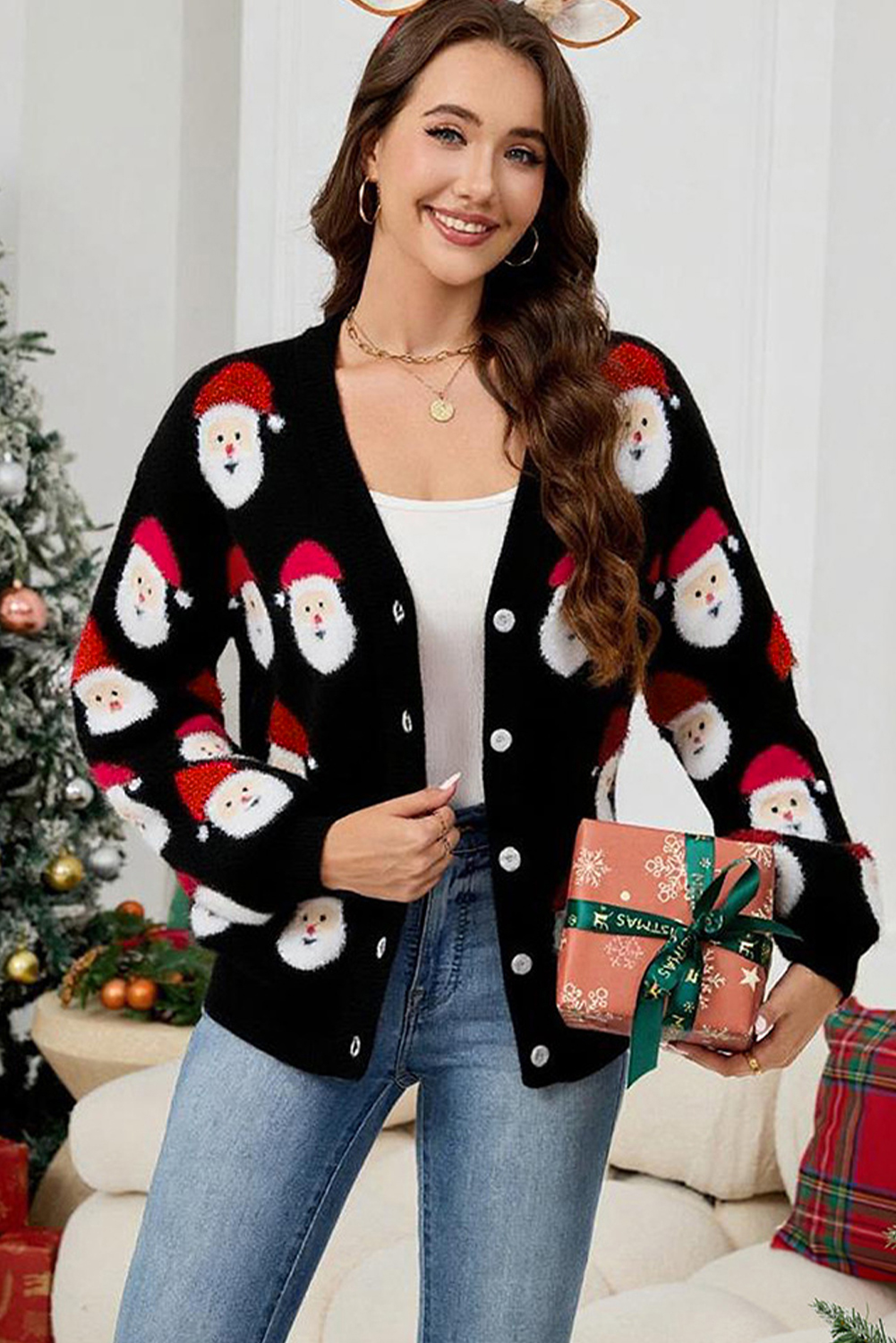 Black Christmas Santa Claus Pattern Button V Neck Sweater Cardigan - Image 6