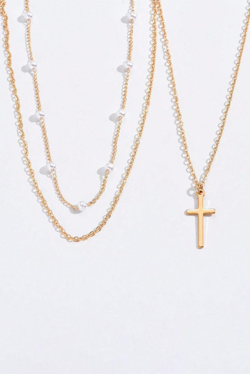 Gold Plated Cross Pendant Pearl Decor Triple Layer Chain Necklace - Image 3