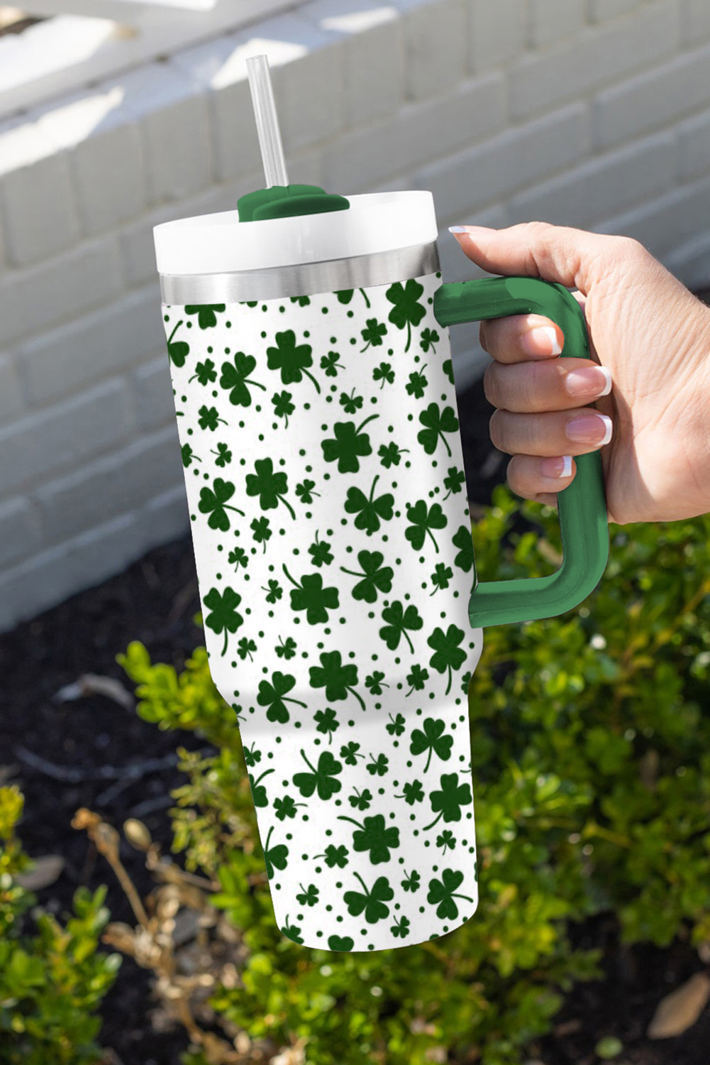 Dark Green Clover Print Thermos Cup with Handle 40oz - Image 3
