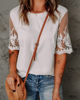 White Floral Lace Sleeve Patchwork Top