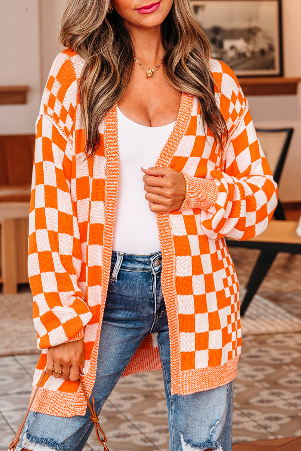 Orange Checkered Open Front Drop Shoulder Cardigan - Image 6