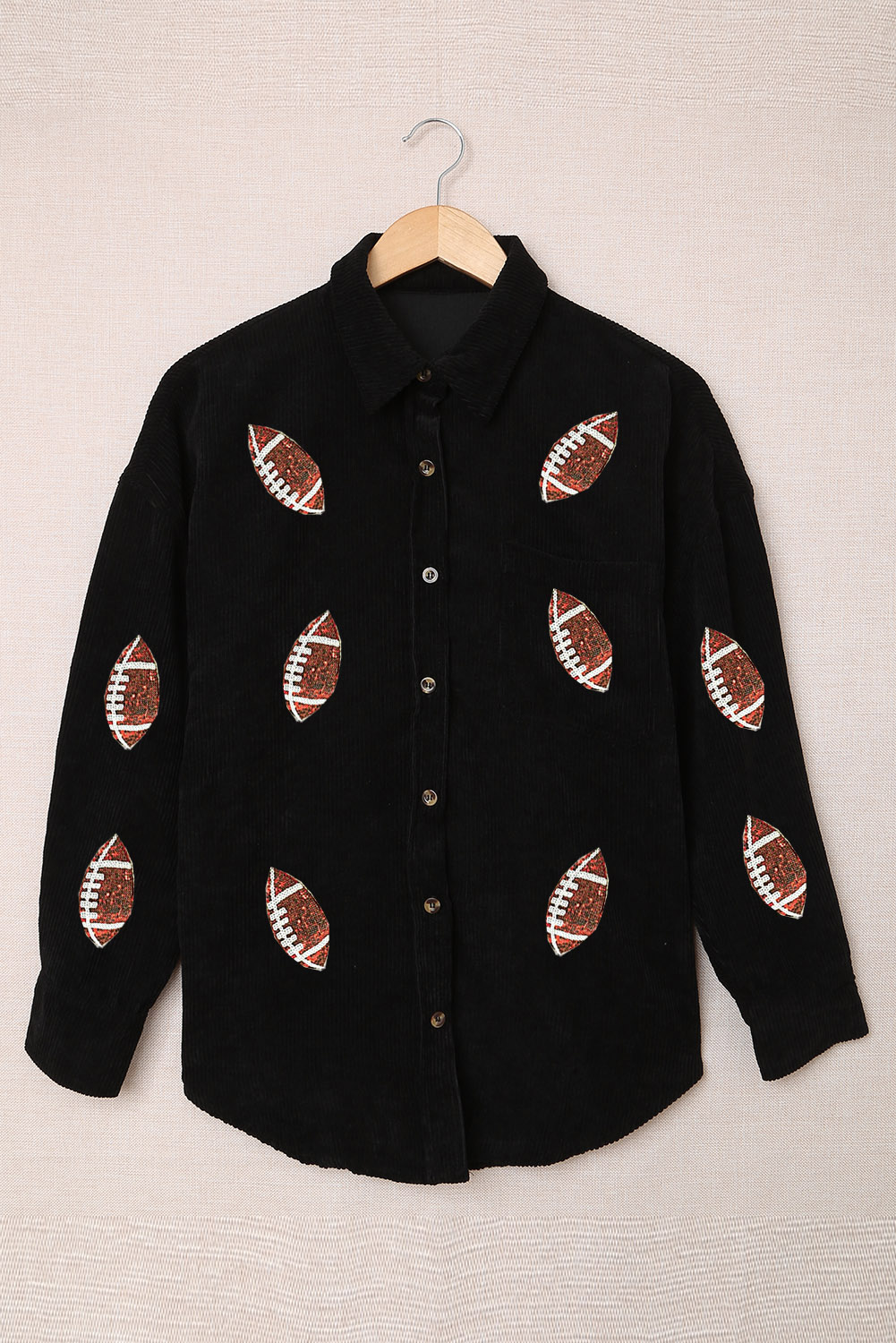 Black Sequin Rugby Pattern Buttoned Corduroy Shacket - Image 4