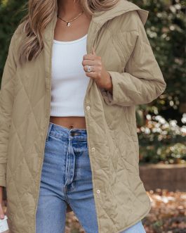 Khaki Quilted Snap Button Hooded Puffer Coat