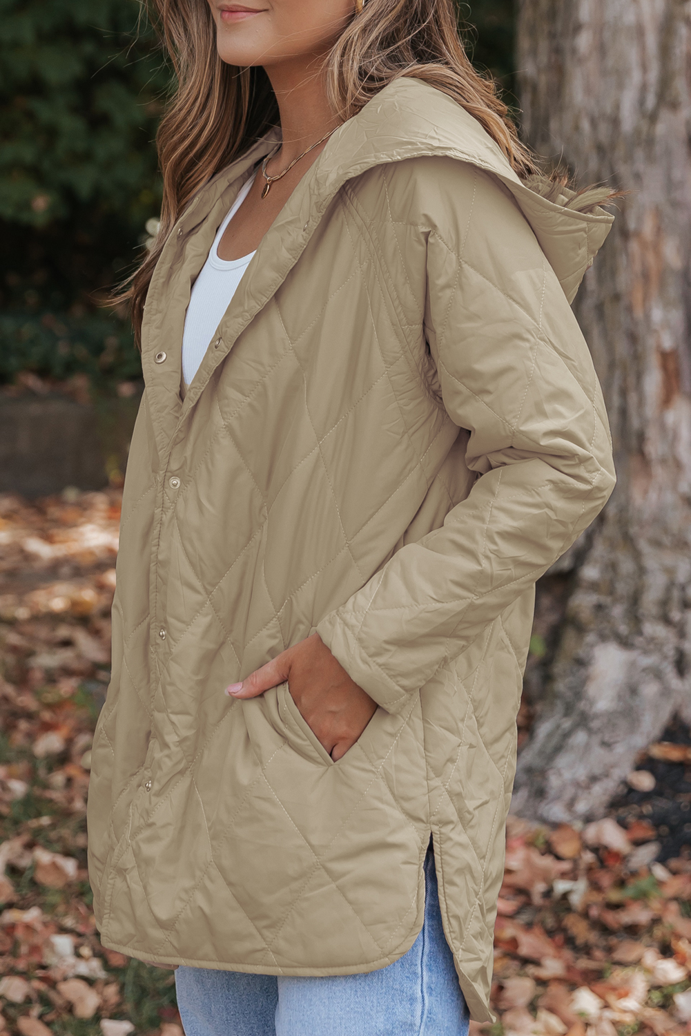 Khaki Quilted Snap Button Hooded Puffer Coat - Image 3