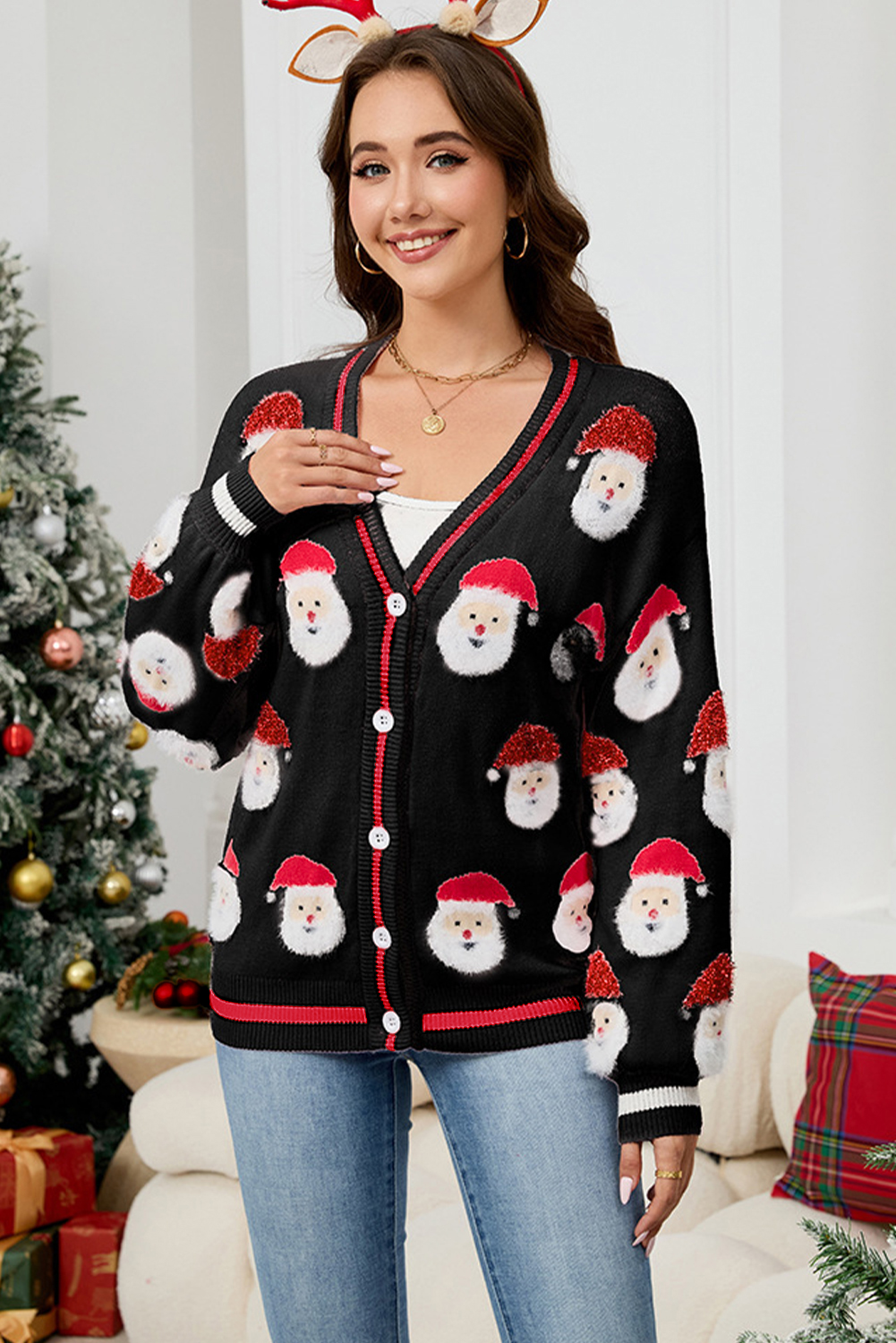 Black Christmas Santa Claus Pattern Button V Neck Sweater Cardigan - Image 4